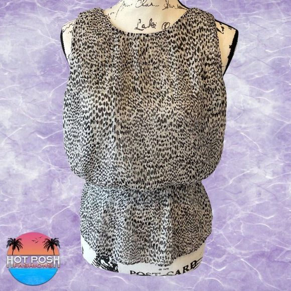 Ann Taylor Loft Black White Print Blouson Peplum Blouse Top sz MP Medium Petite - Picture 11 of 12